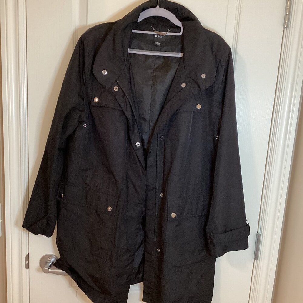 Alfani Women's Lightweight Black Rain Coat Jacket Size L Hooded Lined